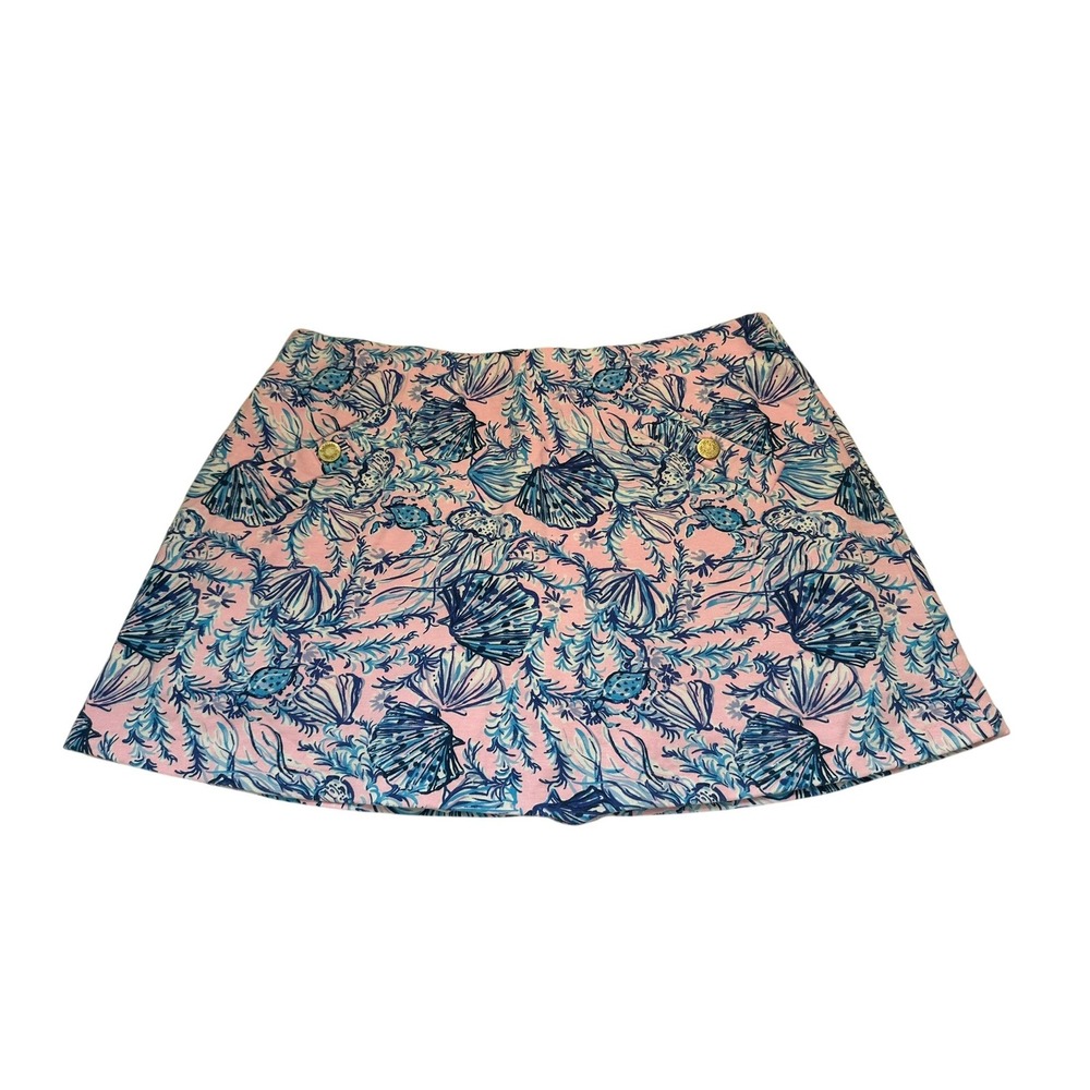 Lilly Pulitzer Skort Women Large Pink Blue Excellent Shell Print Gold Button